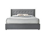 Queen Sized Winged Fabric Bed Frame with Gas Lift Storage in Light Grey