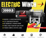 FIERYRED 3000LBS/1361kg Electric Winch Car Steel Cable 12V Wireless Remote 4WD