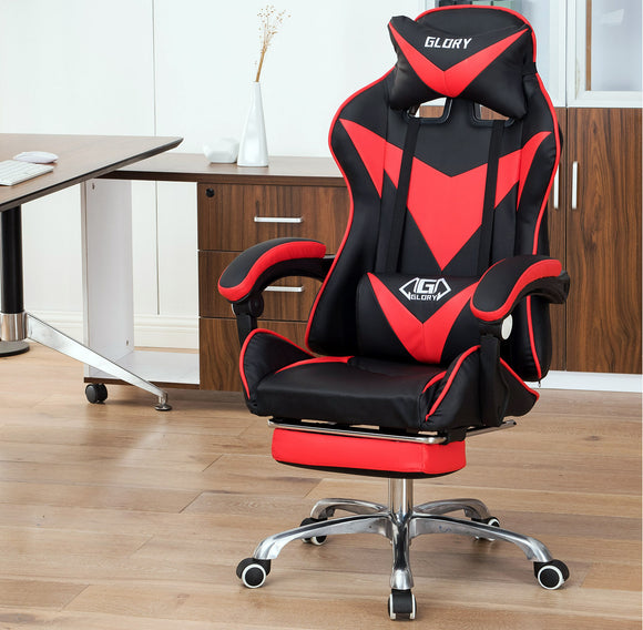 Glory Advanced Deluxe Executive High Back Gaming Reclining Office Chair with Footrest (Red & Black)