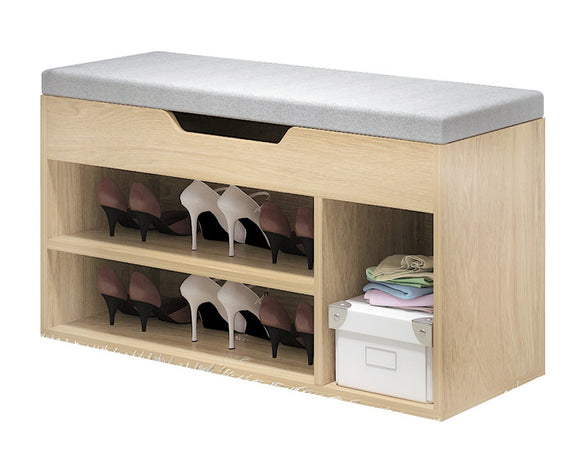 Wooden Cushioned Storage Ottoman & Shoe Cabinet (White Oak & Light Grey Cover)