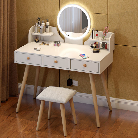 LED Luminous Large Dresser Table with Mirror, Stool and Storage Drawers Set (White)