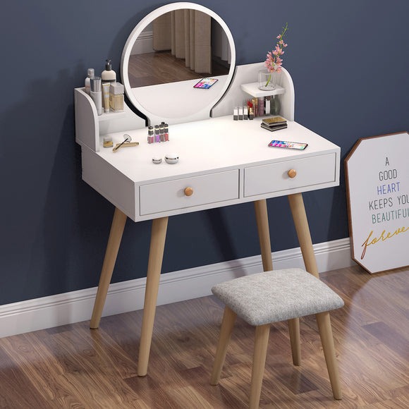 Princess Dresser Table with Mirror, Stool and Storage Drawers Set (White)