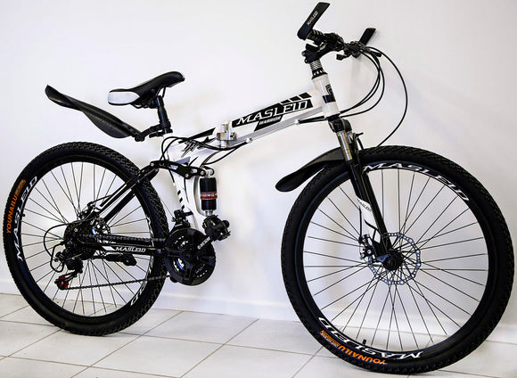 Dual Suspension Foldable 21 Speed Mountain Bike (White & Black Bicycle)-