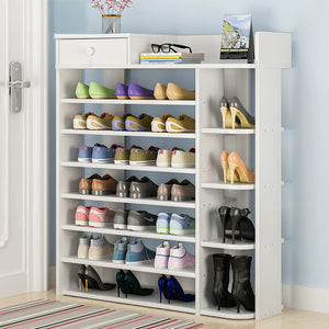 Maxim 8 Tier Shoe Rack Storage Organizer with Drawer (White)