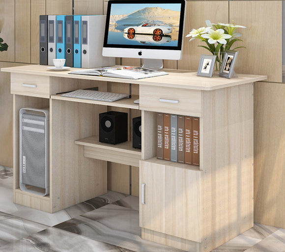 Executive Office Computer Desk with Drawers, Cabinet, Shelves (White Oak)