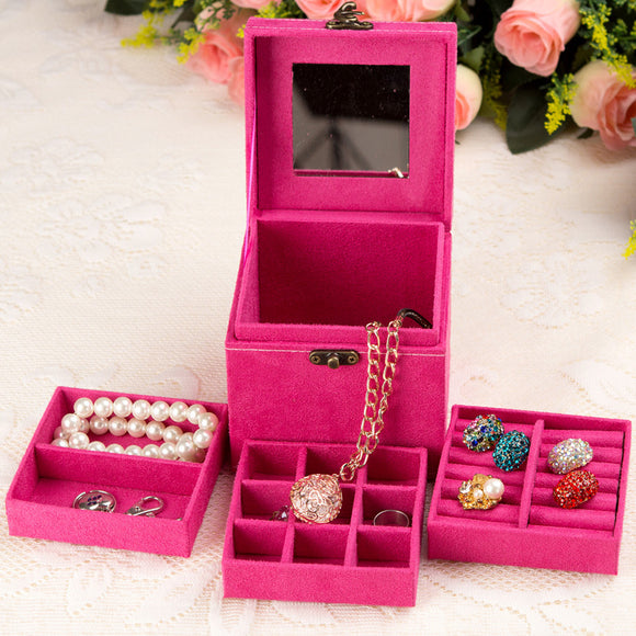 Deluxe Velvet Jewellery Box 3 Level Organizer Hot Pink