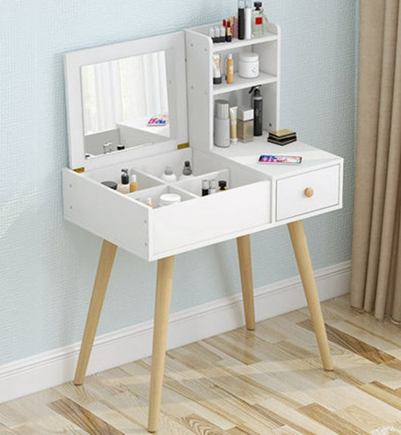 Glam Dresser Table with Mirror, Stool and Storage Shelves Set (White)