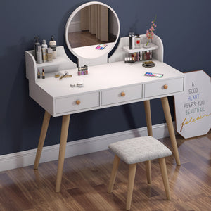 Queen Large Dresser Table with Mirror, Stool and Storage Drawers Set (White)