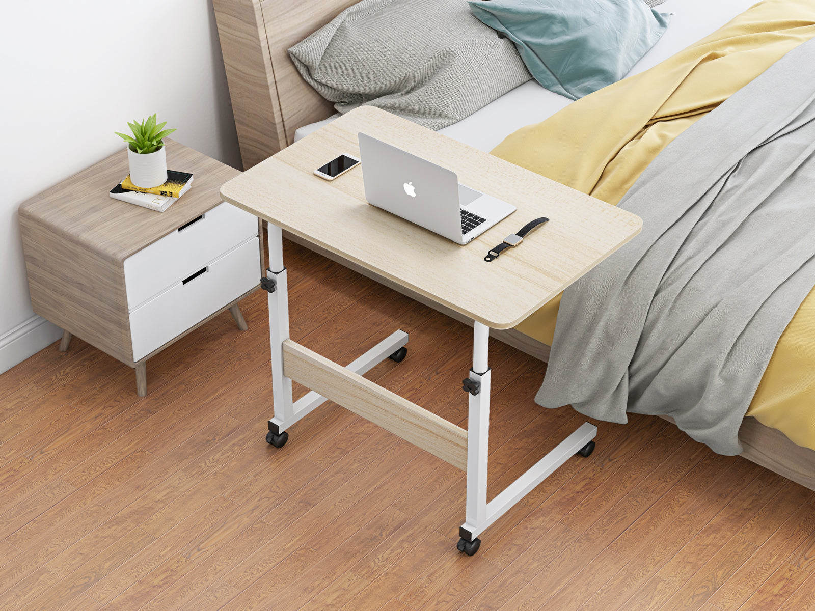 Impact Adjustable Portable Sofa Bed Side Table Laptop Desk with Wheels White Oak