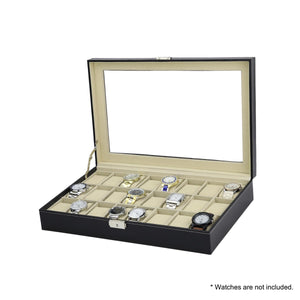 Watch Box - 24 Slot Luxury Display Case With Framed Glass Lid