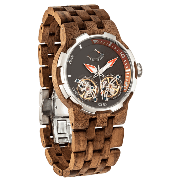 Men Dual Wheel Automatic Walnut Wood Watch