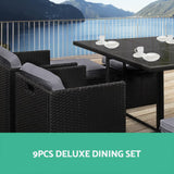 Gardeon 9 Piece Wicker Outdoor Dining Set - Black & Grey