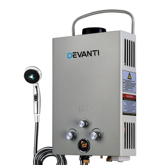 Devanti Gas Hot Water Heater Portable Shower Camping LPG Outdoor Instant Grey