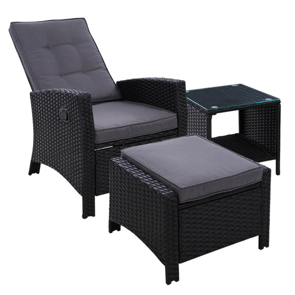 Gardeon Outdoor Setting Recliner Chair Table Set Wicker lounge Patio Furniture Black