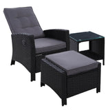 Gardeon Outdoor Setting Recliner Chair Table Set Wicker lounge Patio Furniture Black