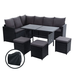 Gardeon Outdoor Furniture Dining Setting Sofa Set Wicker 9 Seater Storage Cover Black