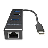Simplecom CHN411 Aluminium USB Type C to 3 Port USB 3.0 Hub with Gigabit Ethernet Adapter Black