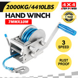 Hand Winch 2000KG/4410LBS 3 Speed Dyneema Synthetic Rope Boat Car Marine 4WD 10M