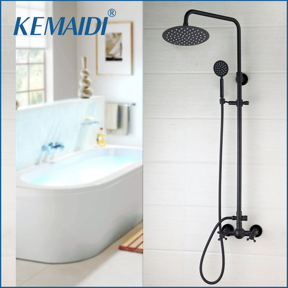 KEMAIDI Black Wall Mount Rainfall 8 Inch Round Head Hand Spray 2 Functions adjustable Hand Bathroom Shower Faucet Set Mixer Taps LJ201211