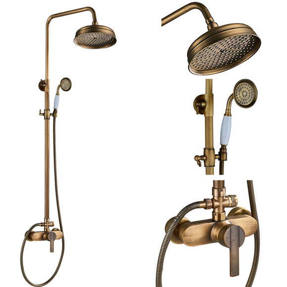 Antique Brass Shower Faucets Set 8'' Rainfall Round Shower Head Brass Handshower Single Handle Mixer Tap Bath Shower Faucet